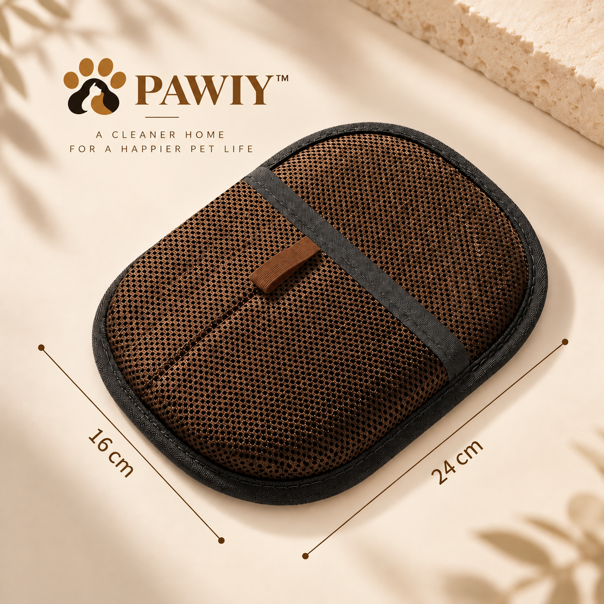 Brown FurSwipe mitt showing the hand pocket and textured fabric