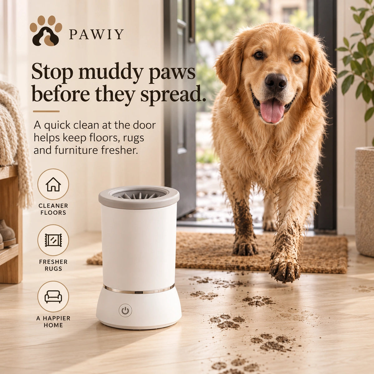 Muddy dog paws entering the home beside PAWIY CleanStep paw cleaner