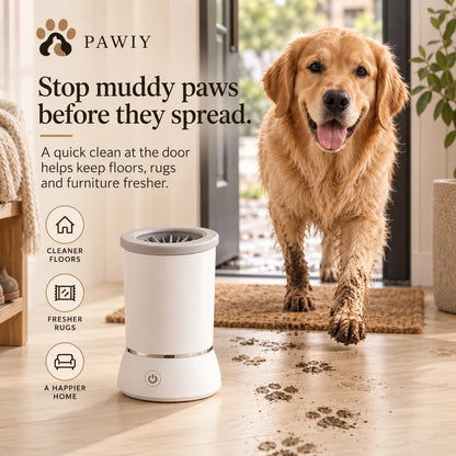 Muddy dog paws entering the home beside PAWIY CleanStep paw cleaner