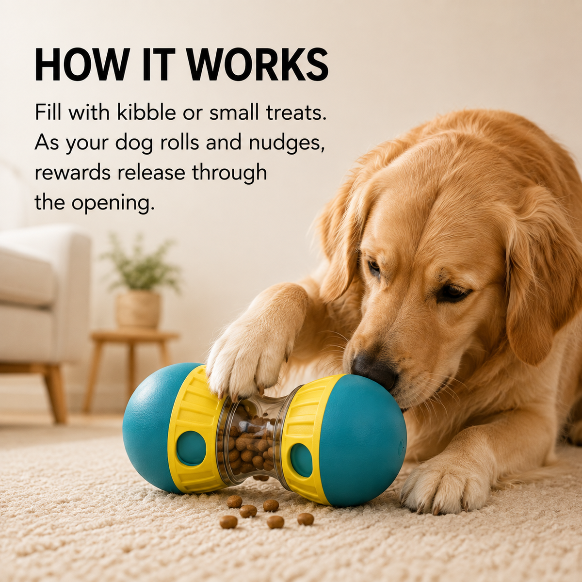 Dog rolls the interactive dog treat dispenser to discover treats and rewards