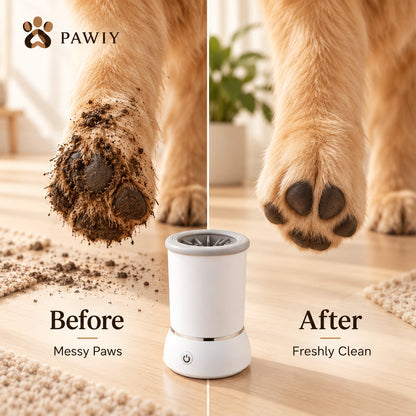 Before and after dog paw cleaning with PAWIY CleanStep