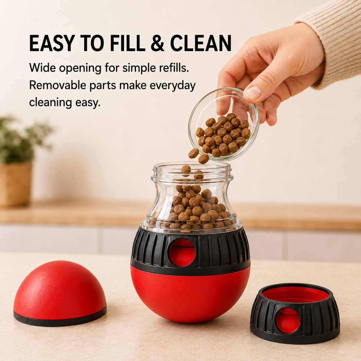 Easy filling and cleaning with PAWIY's clear interactive dog treat dispenser chamber