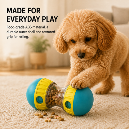 Happy dog enjoying the PAWIY interactive dog treat dispenser during playtime at home