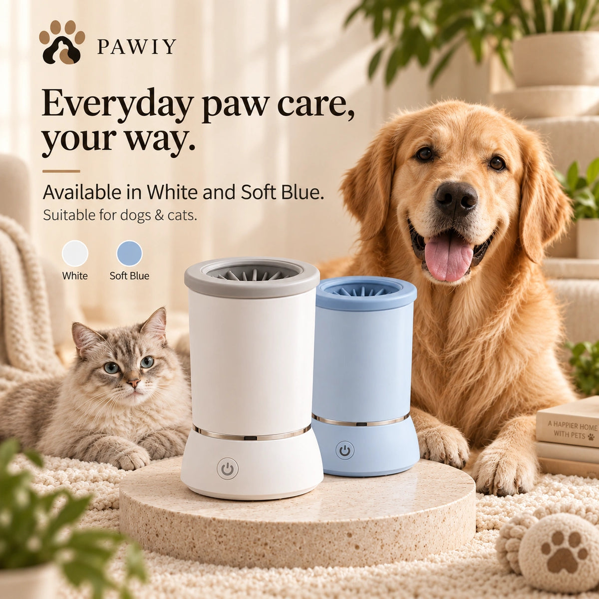 PAWIY CleanStep color options in White and Soft Blue with dog and cat