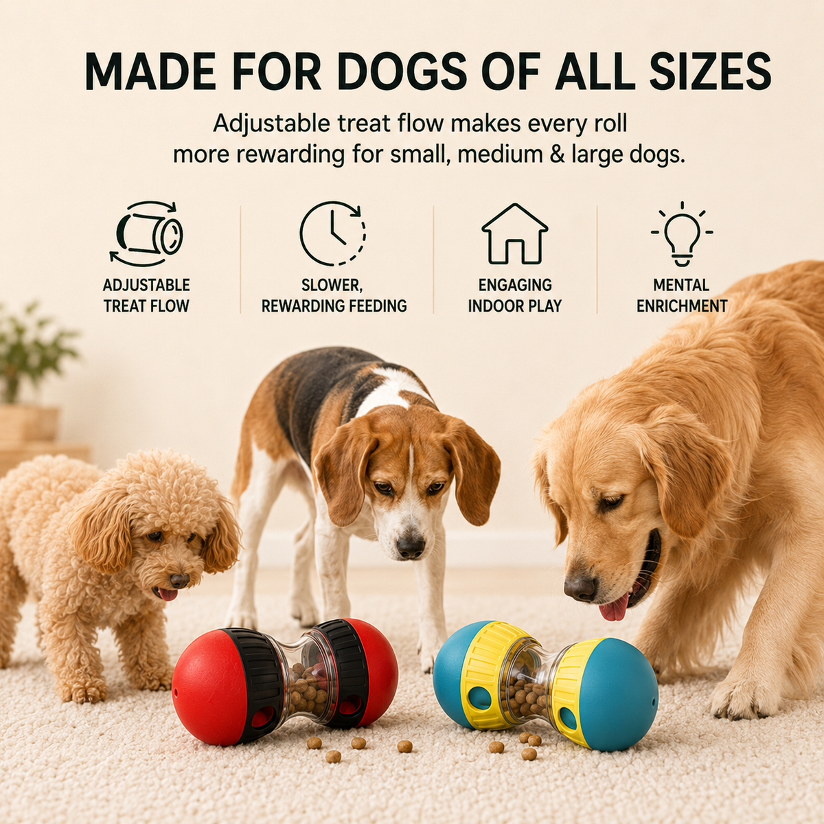 PAWIY interactive dog treat dispenser designed for small, medium, and large dogs