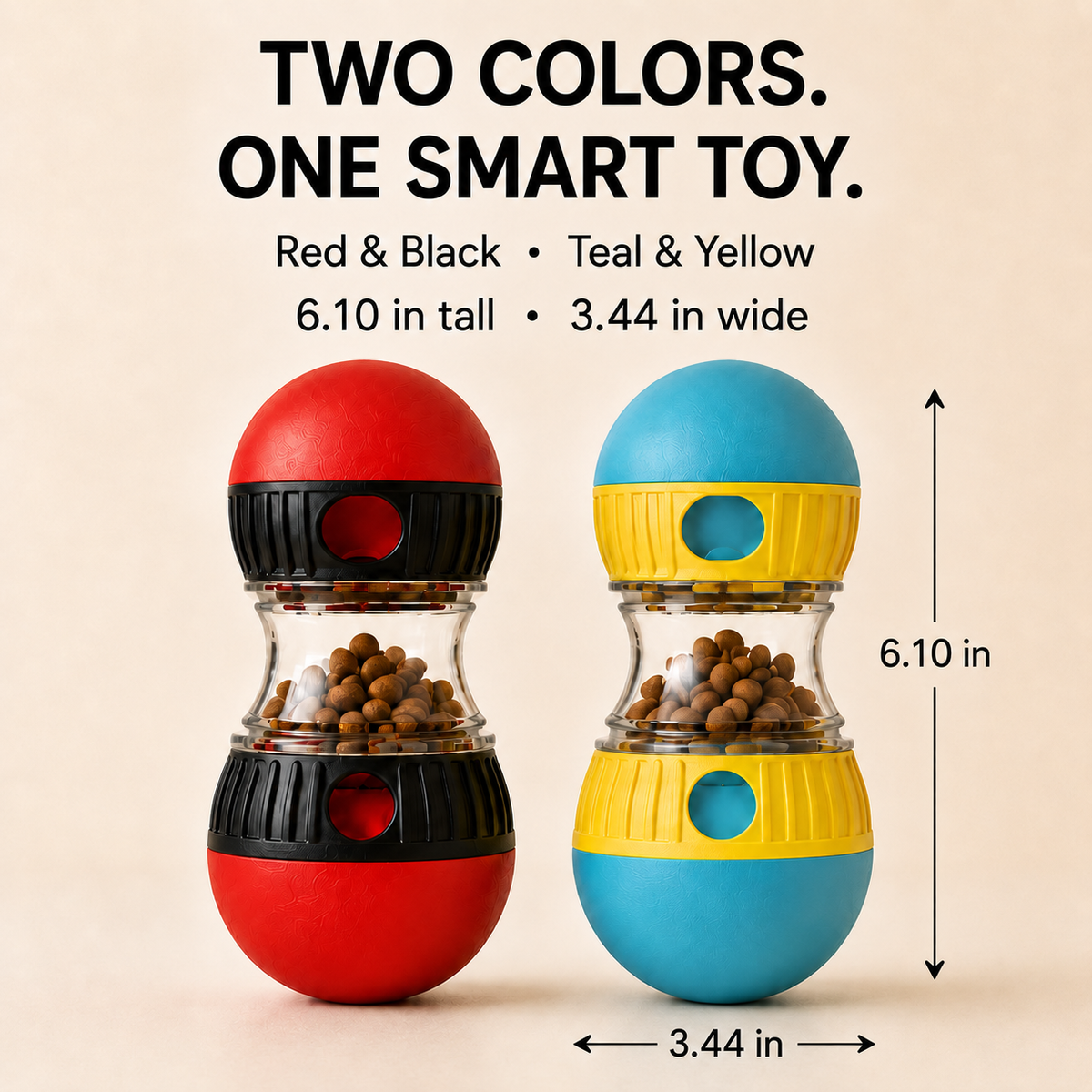 Red and blue PAWIY interactive dog treat dispenser with compact size and dimensions