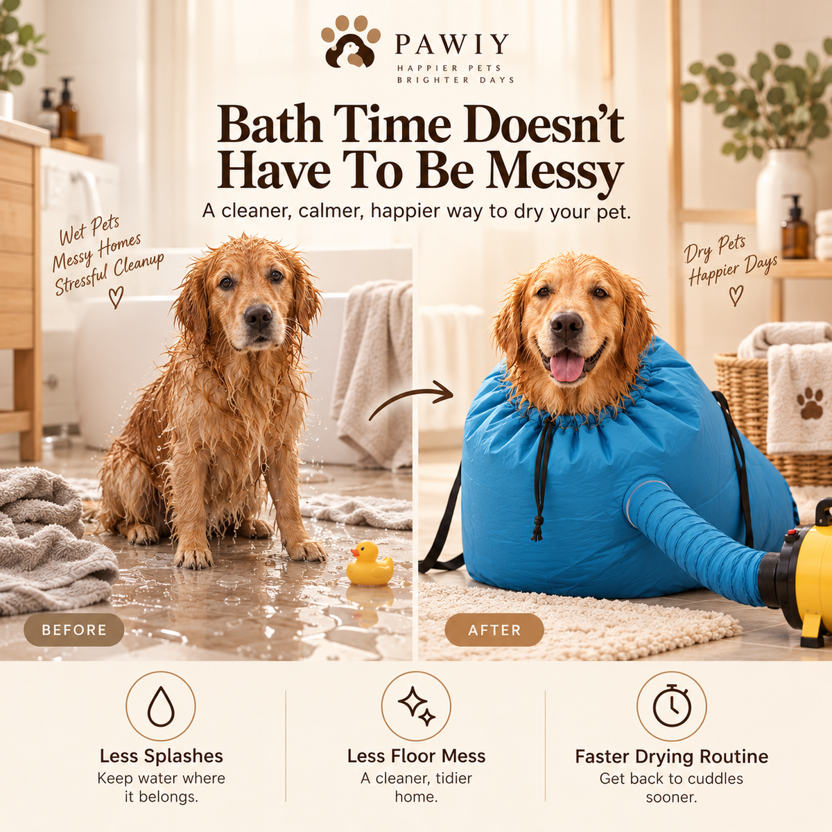 Wet pet after bath time before using the PAWIY PawDry drying bag
