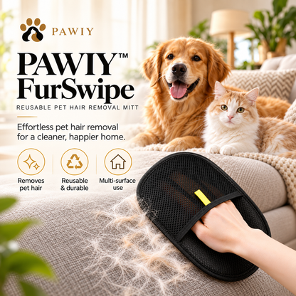 Black FurSwipe mitt on a sofa beside a dog and cat