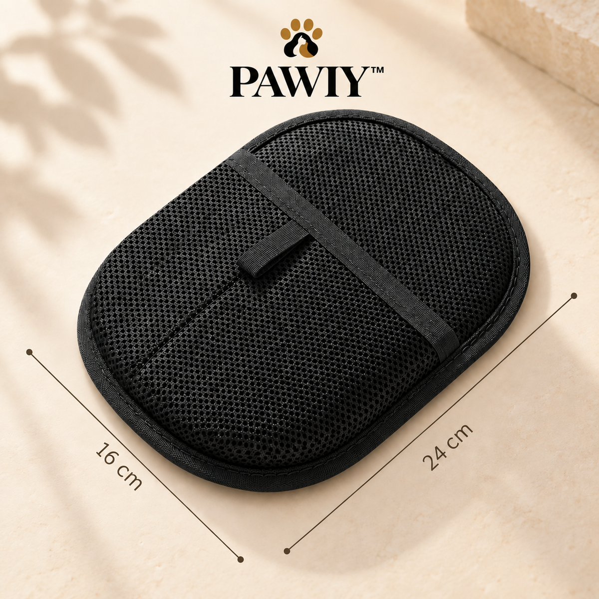 Black FurSwipe mitt showing the hand pocket and textured fabric