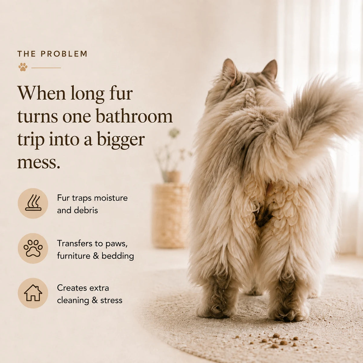 Long-haired cat showing why sanitary grooming with a pet trimmer helps reduce mess