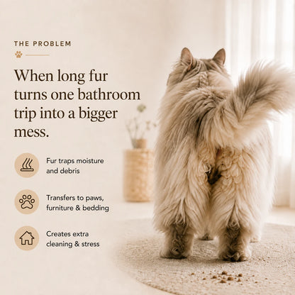 Long-haired cat showing why sanitary grooming with a pet trimmer helps reduce mess
