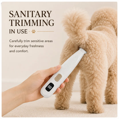 PAWIY CleanTrim pet trimmer used for gentle sanitary grooming on a dog