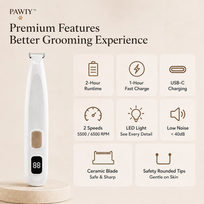 PAWIY CleanTrim rechargeable pet trimmer with quiet motor LED light and two speeds