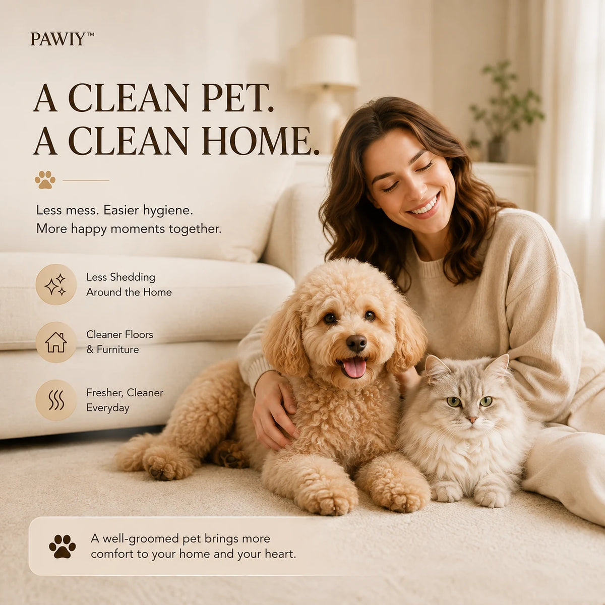 Clean dog and cat after regular grooming with the PAWIY CleanTrim pet trimmer