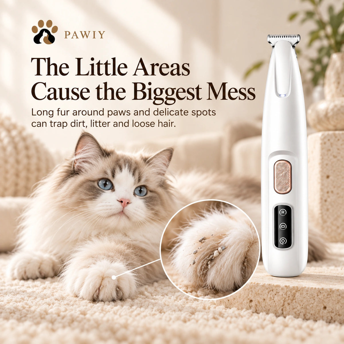Long pet fur around paws can trap dirt and debris
