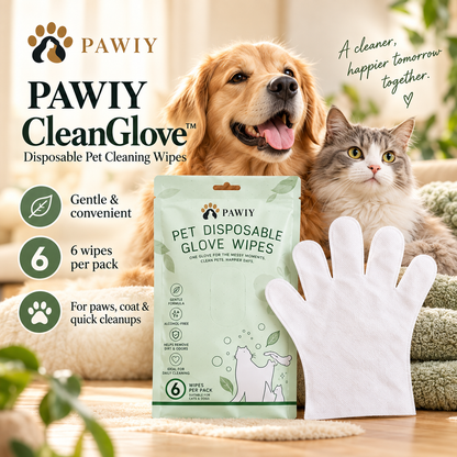 PAWIY CleanGlove disposable pet cleaning wipes hero image with dog, cat, six-wipe pack and glove