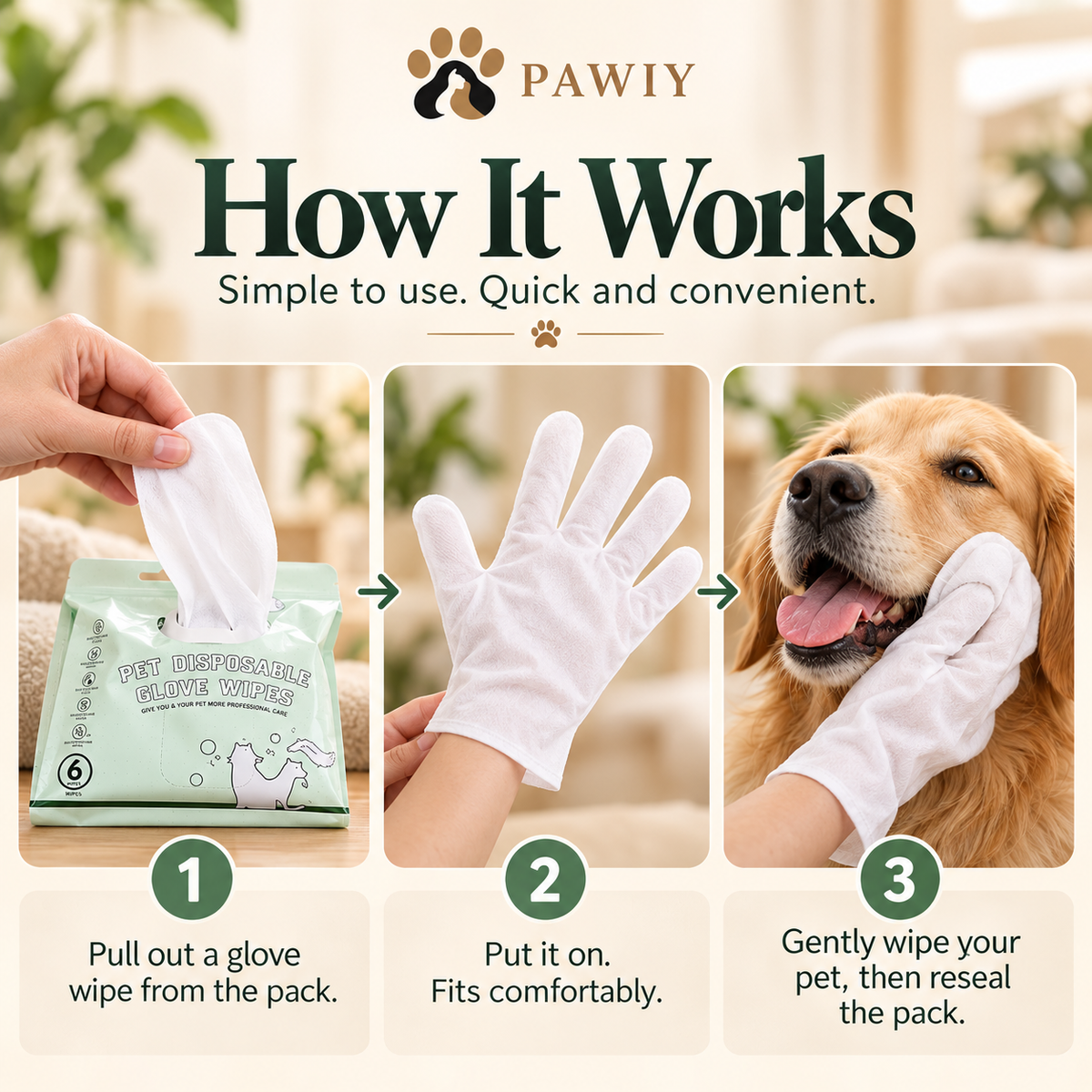 How to use PAWIY CleanGlove pet cleaning wipes in three simple steps