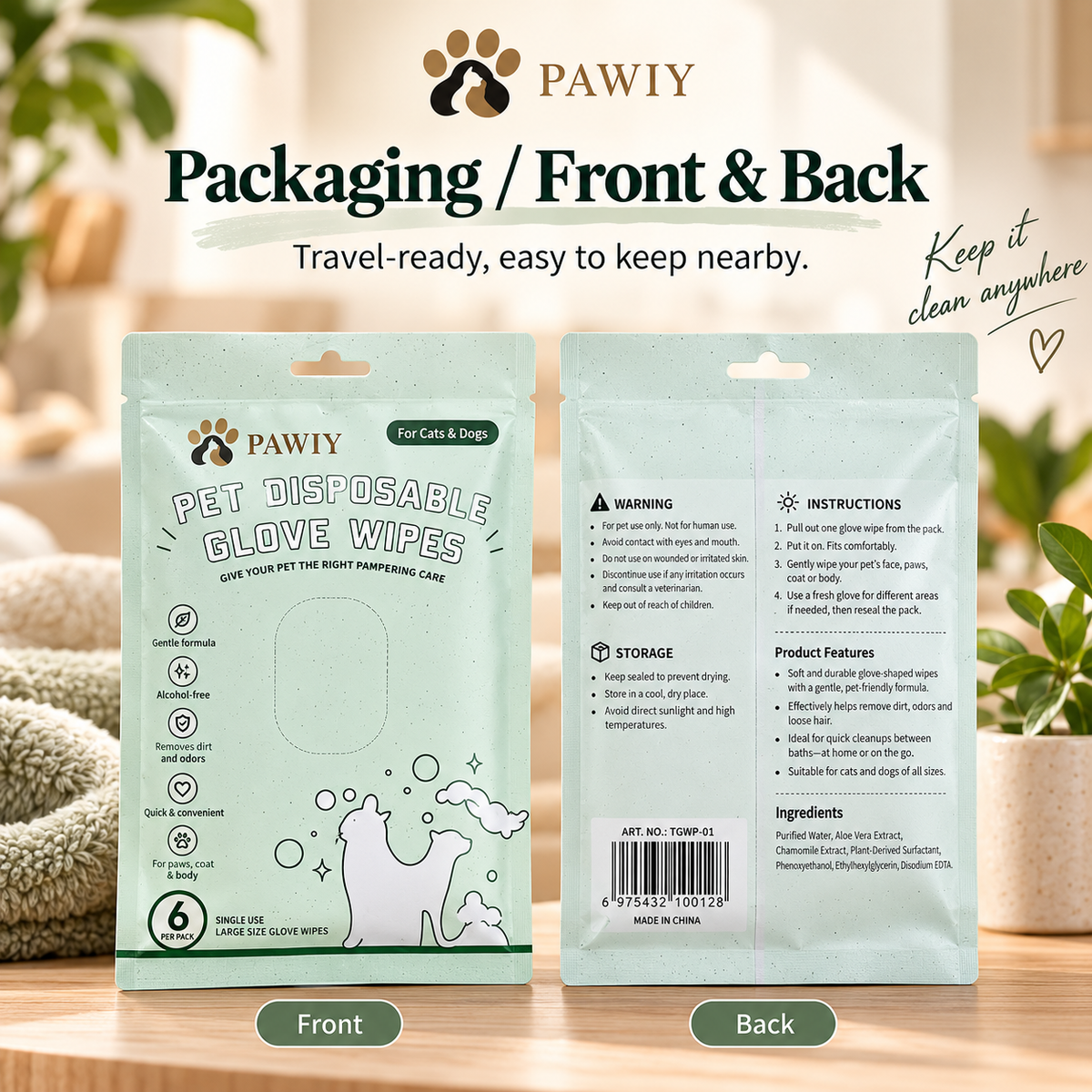 PAWIY CleanGlove travel-ready six-wipe package front and back