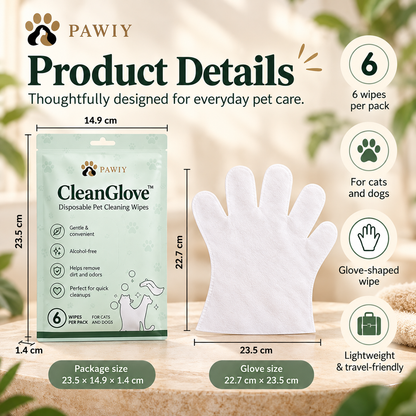 PAWIY CleanGlove product details, pack size, glove size and six wipes per pack