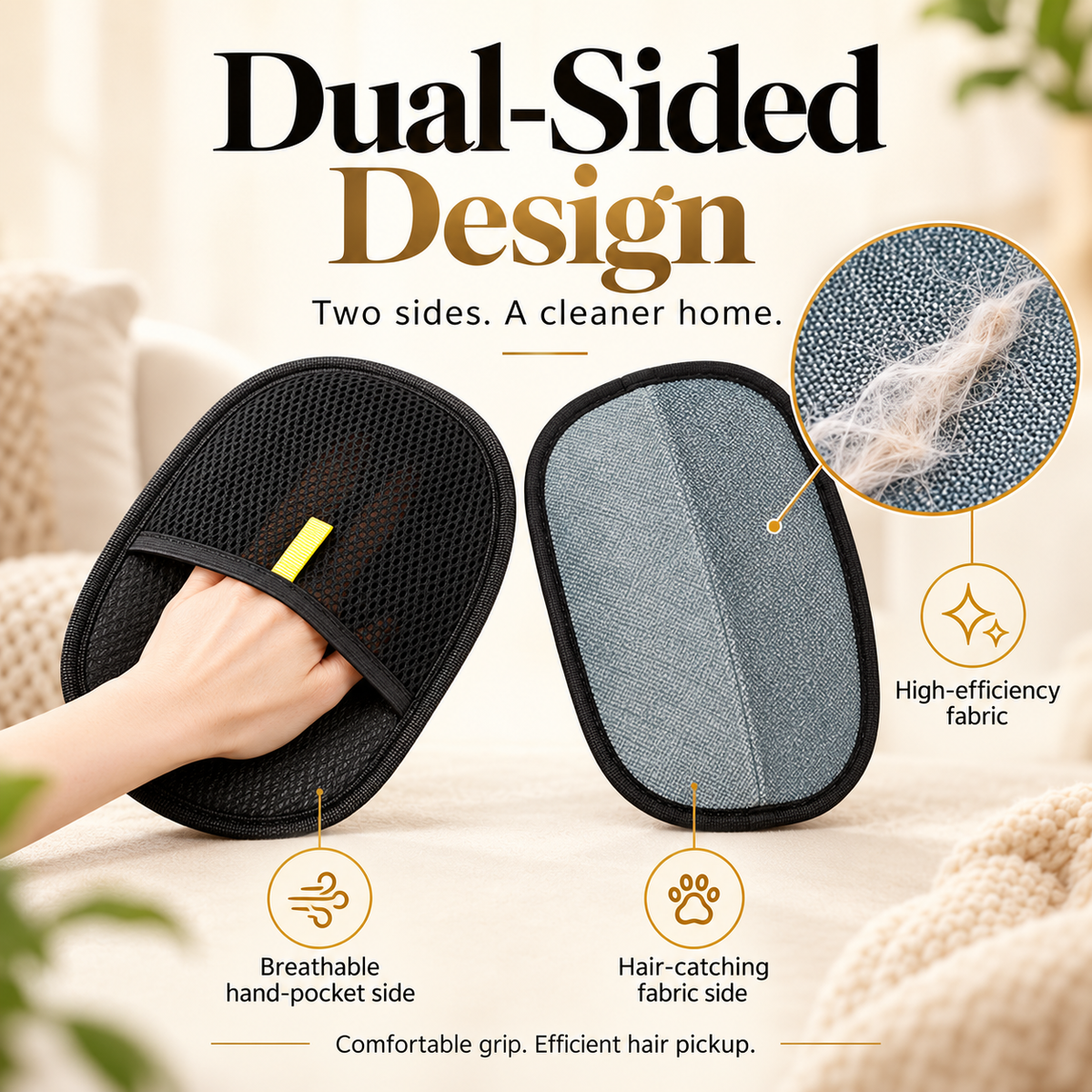 PAWIY FurSwipe dual-sided design showing the breathable hand-pocket side and hair-catching fabric side