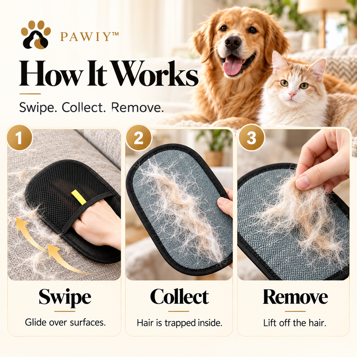 PAWIY FurSwipe three-step use guide: swipe, collect and remove loose pet hair