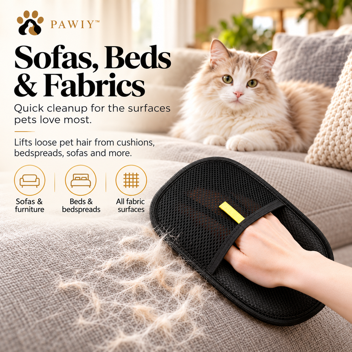 PAWIY FurSwipe removing loose pet hair from sofas, beds and fabric surfaces