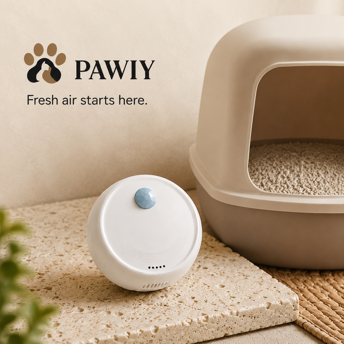 PAWIY LitterFresh cat litter box odor companion beside covered litter box