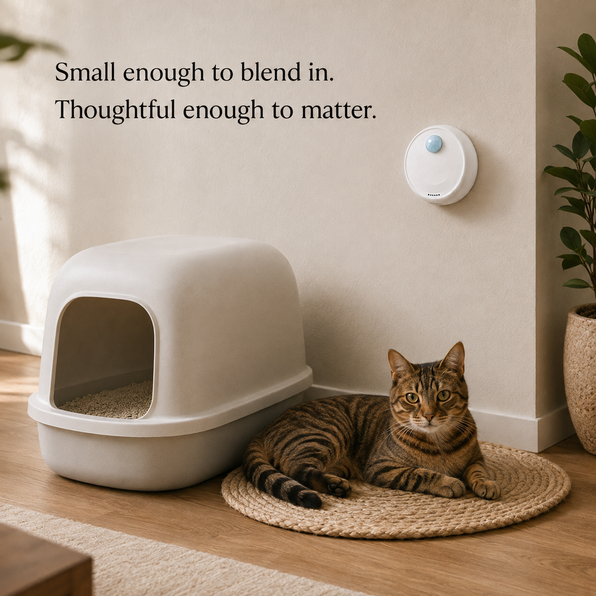 Compact PAWIY LitterFresh for cat litter box odor beside litter area